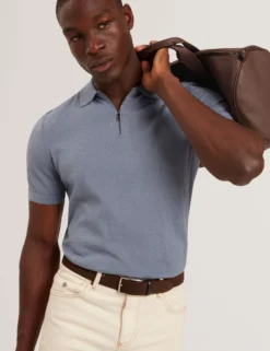 Silk Blend Knit Zip Neck Polo
