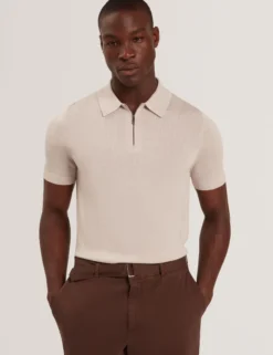 Silk Blend Knit Zip Neck Polo