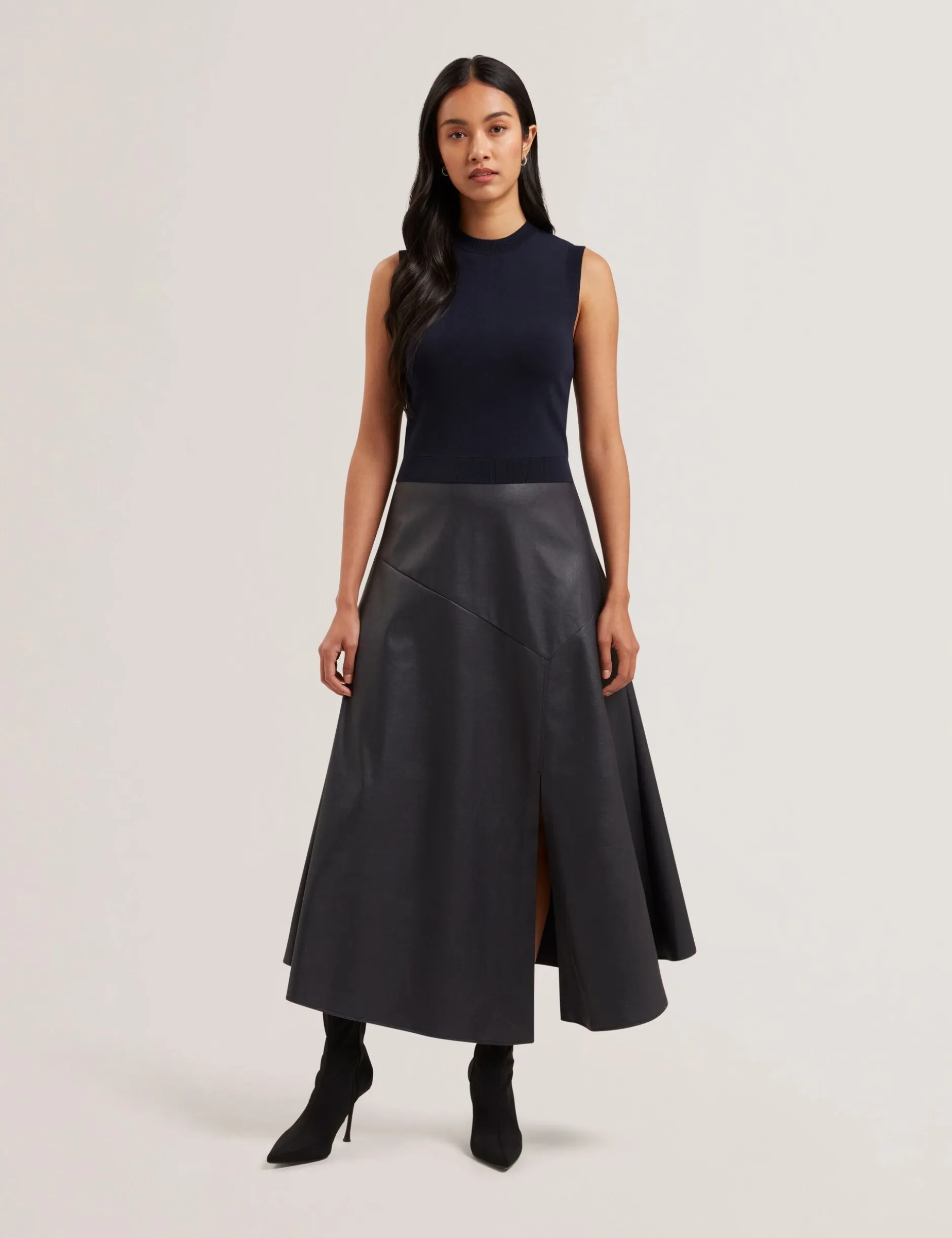 Sleeveless Knit Faux Leather Midi Dress