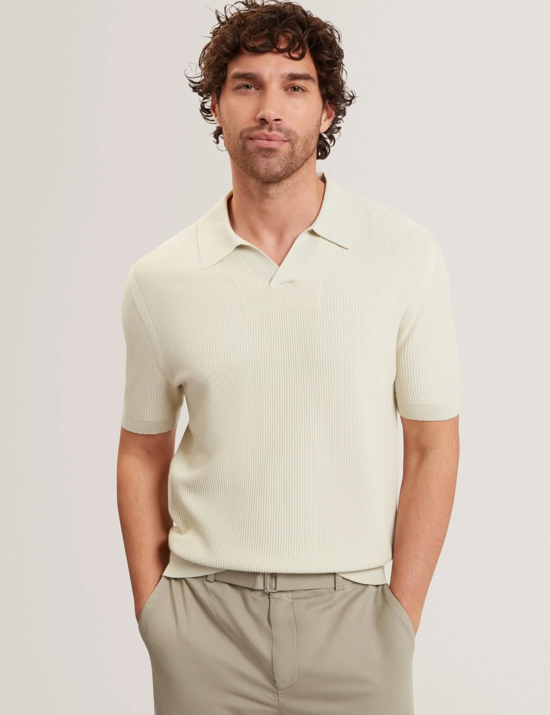Stitched Rib Open Neck Polo Shirt