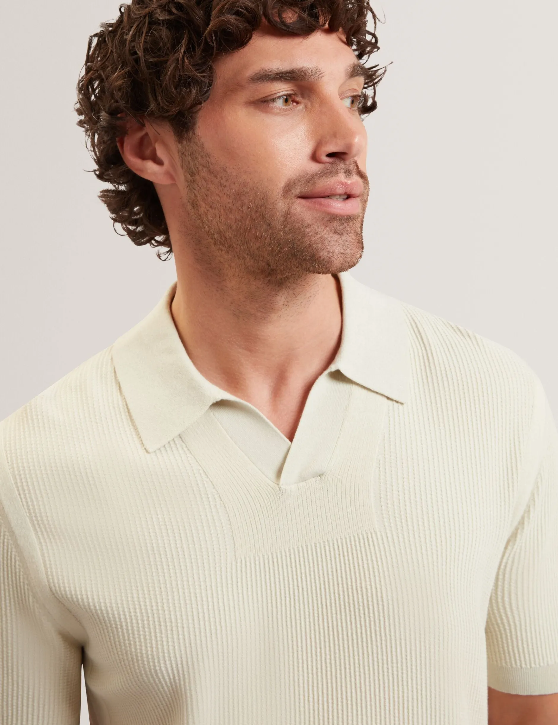 Stitched Rib Open Neck Polo Shirt