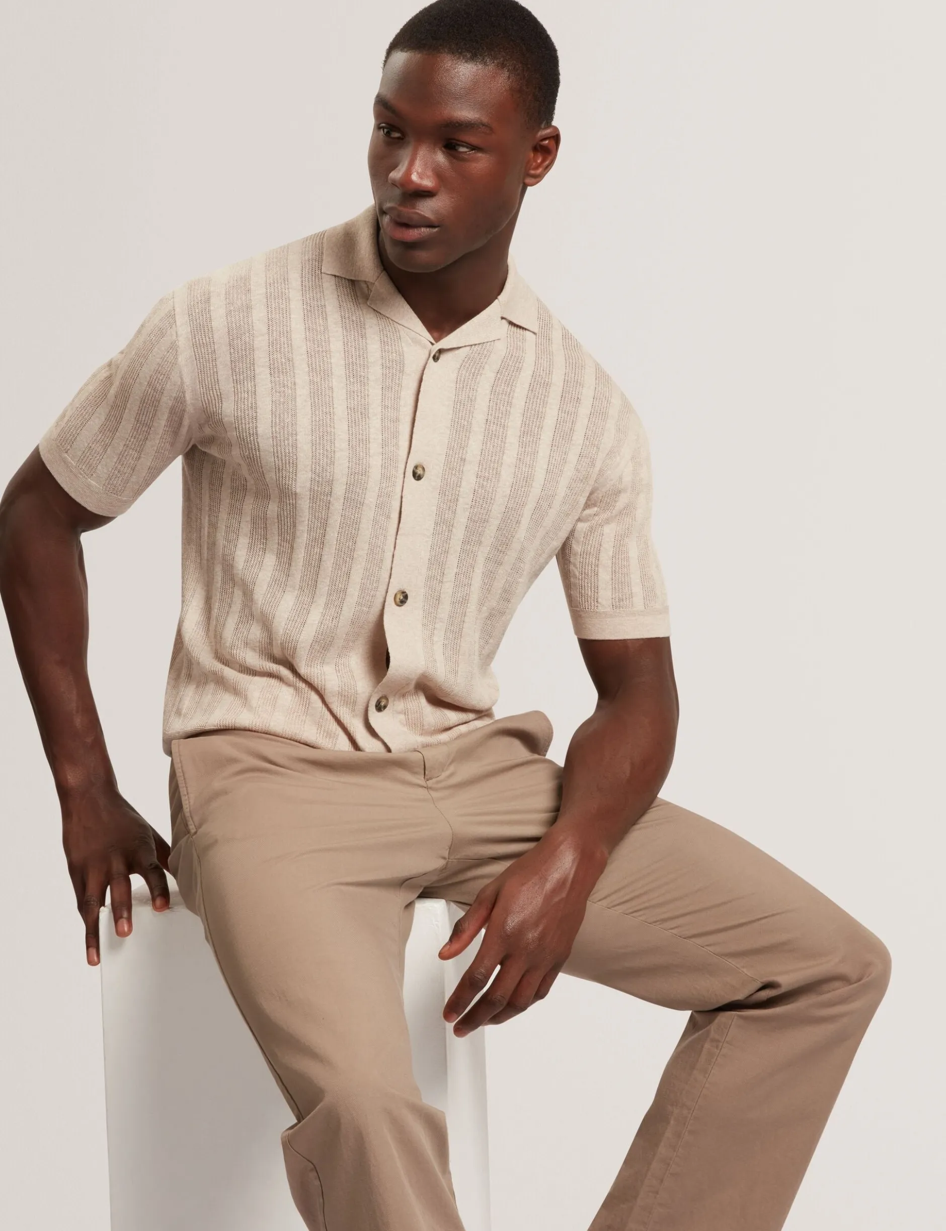 Stitched Stripe Knit Button-Through Polo