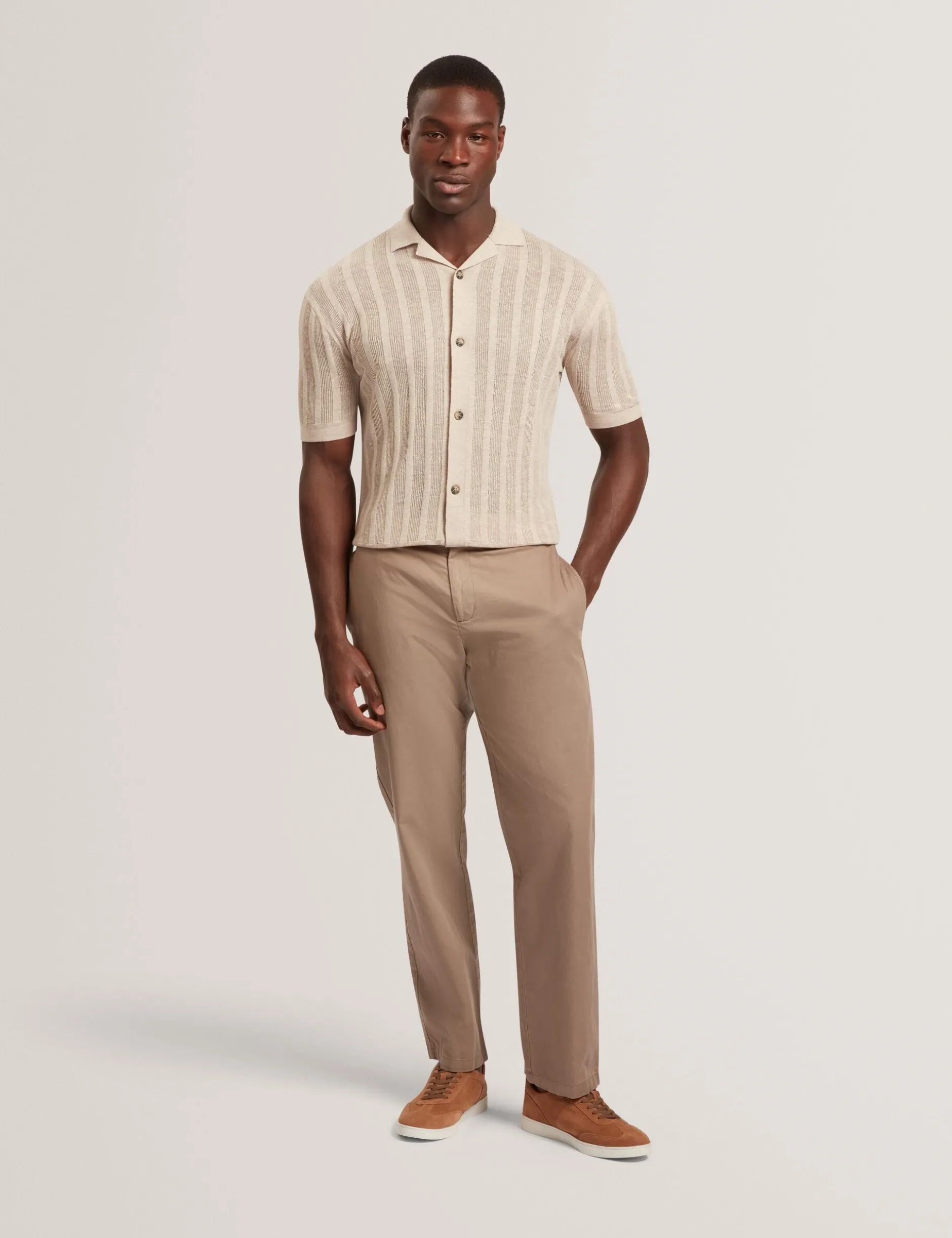 Stitched Stripe Knit Button-Through Polo