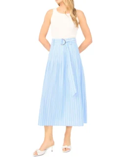Striped Cotton Belted Midi Skirt