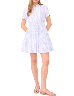 Striped Cotton Drawstring Mini Shirt Dress