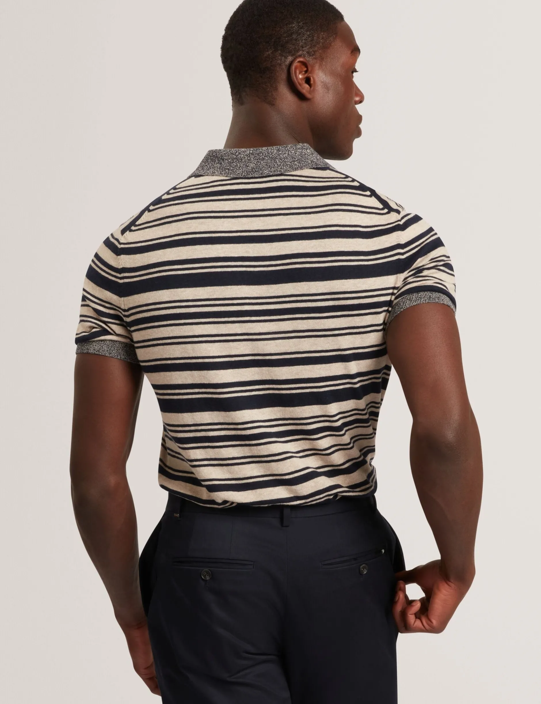 Striped Linen Blend Knitted Polo Shirt