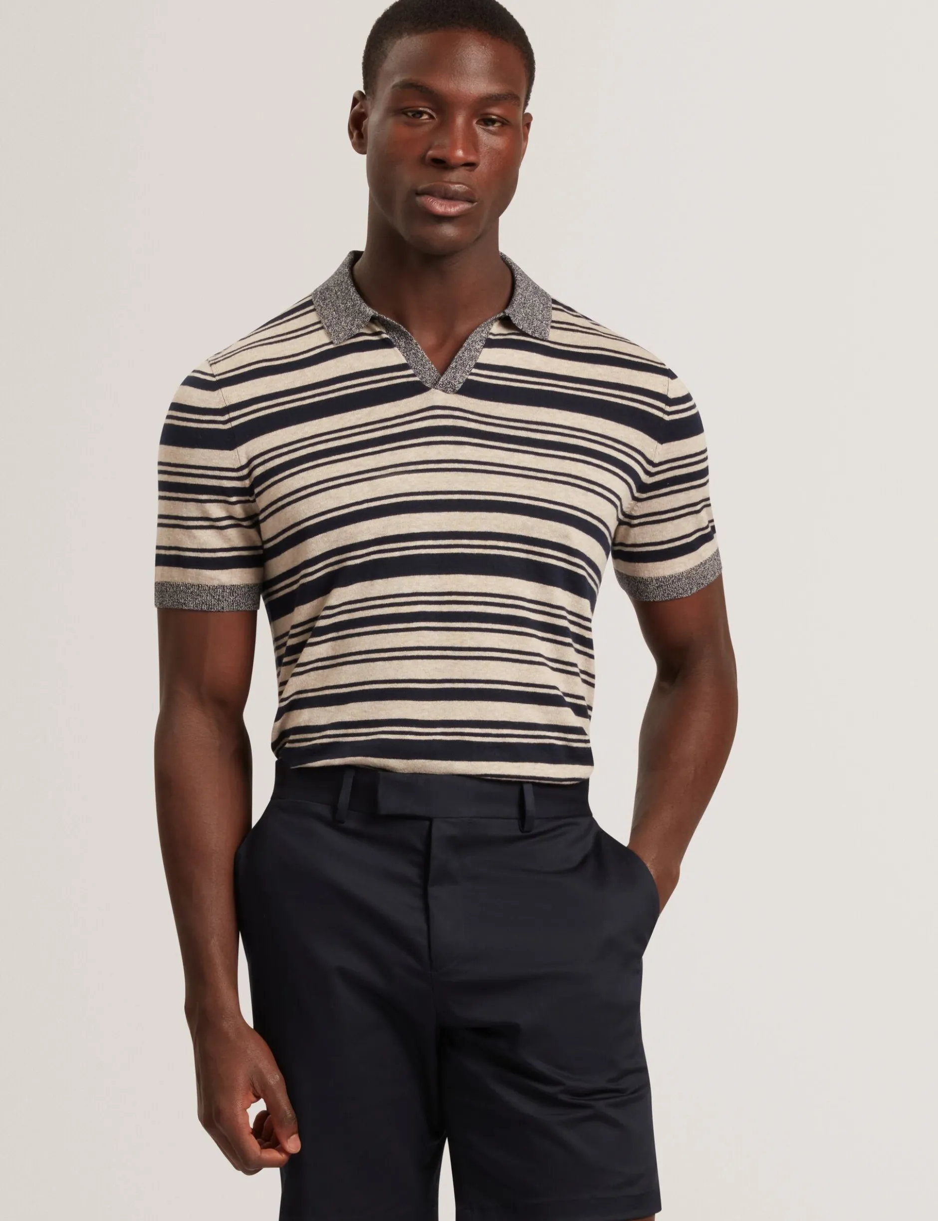 Striped Linen Blend Knitted Polo Shirt