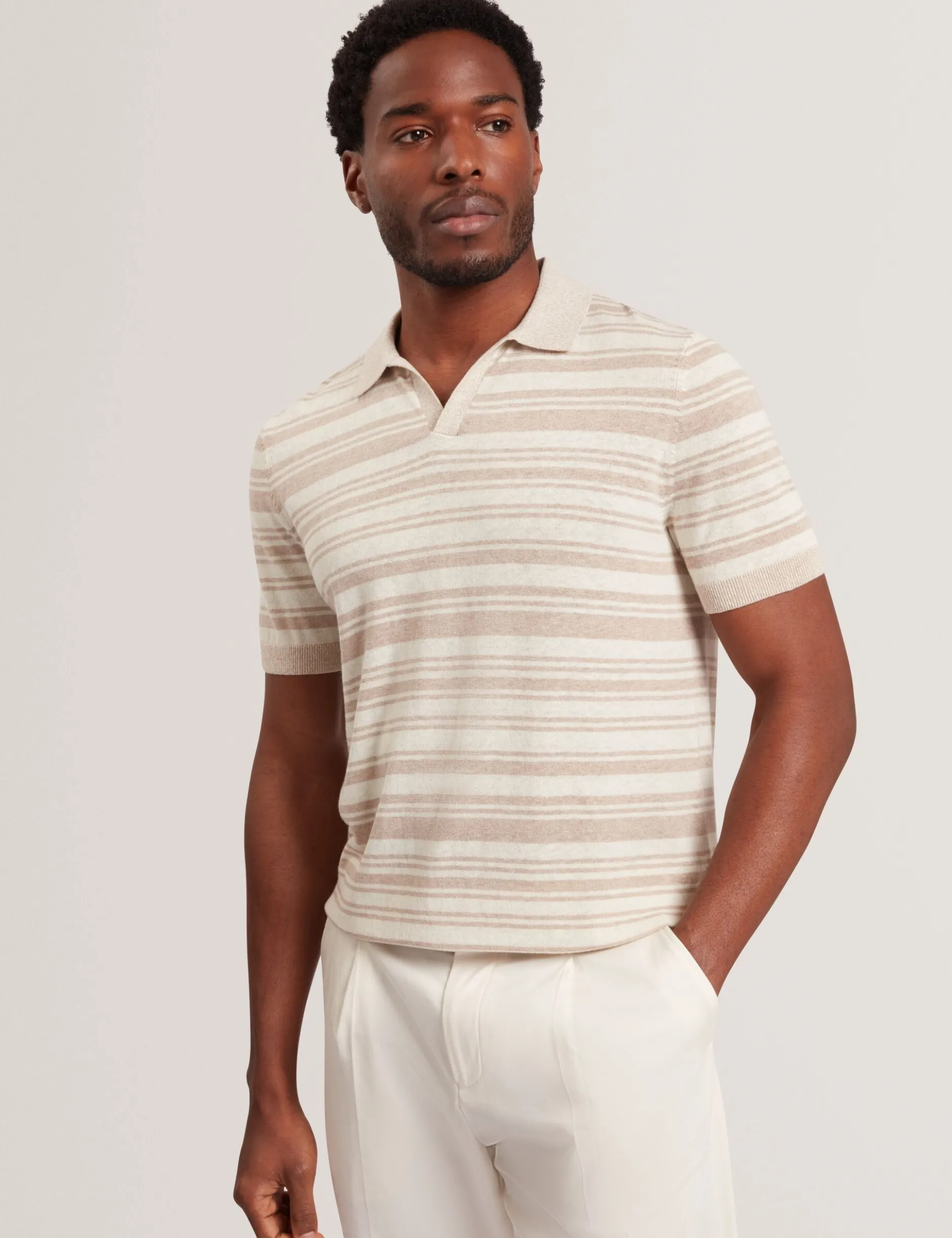 Striped Linen Blend Knitted Polo Shirt