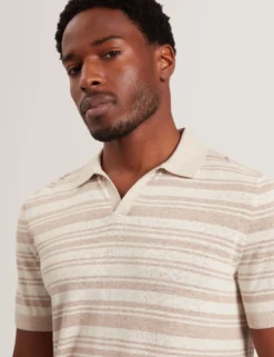 Striped Linen Blend Knitted Polo Shirt
