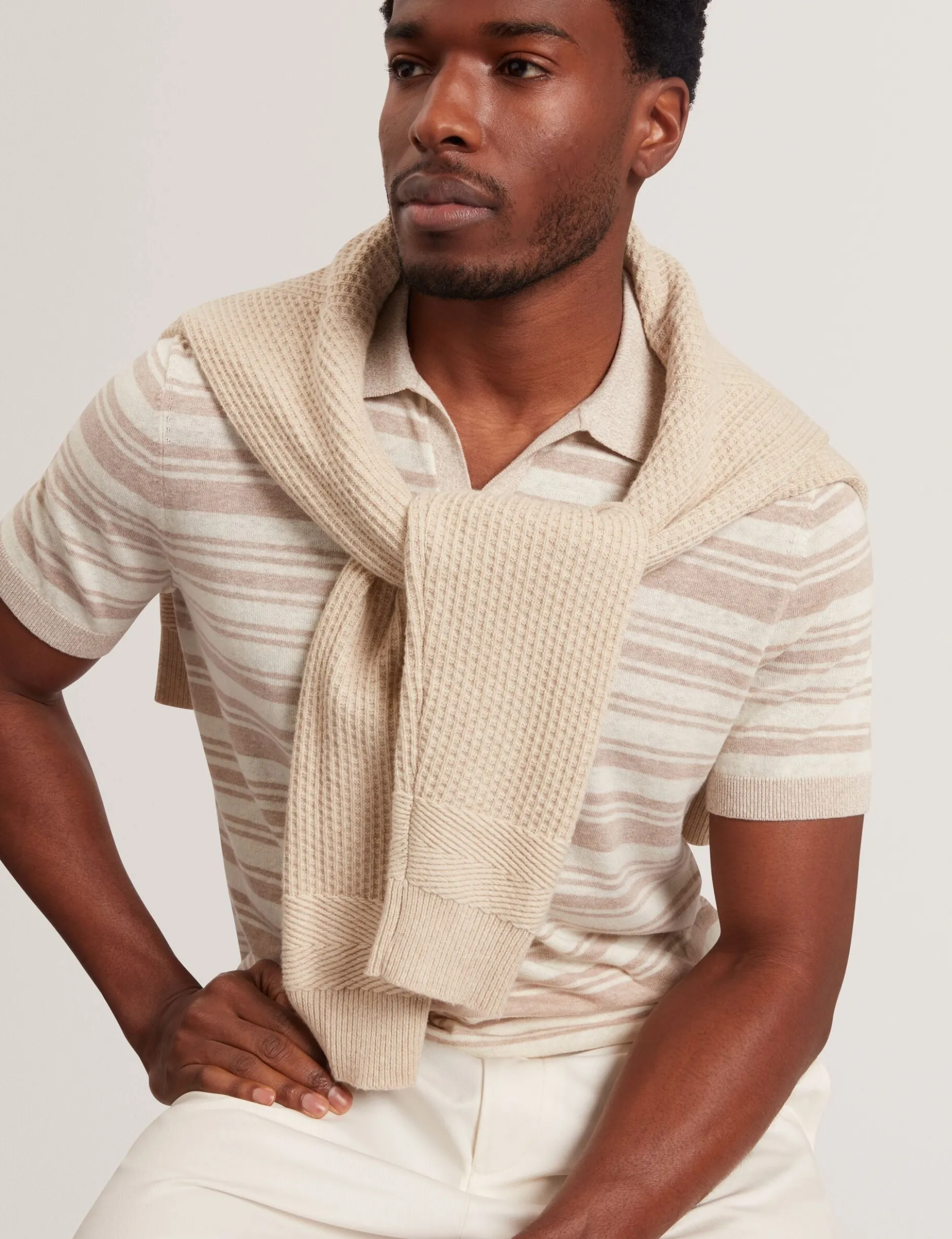 Striped Linen Blend Knitted Polo Shirt