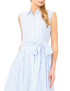 Striped Tie Waist Sleeveless Shirt Dress