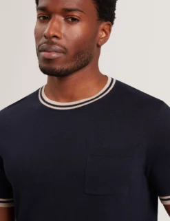 Striped Trim Linen Blend Knit T-Shirt
