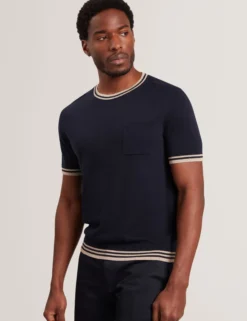 Striped Trim Linen Blend Knit T-Shirt