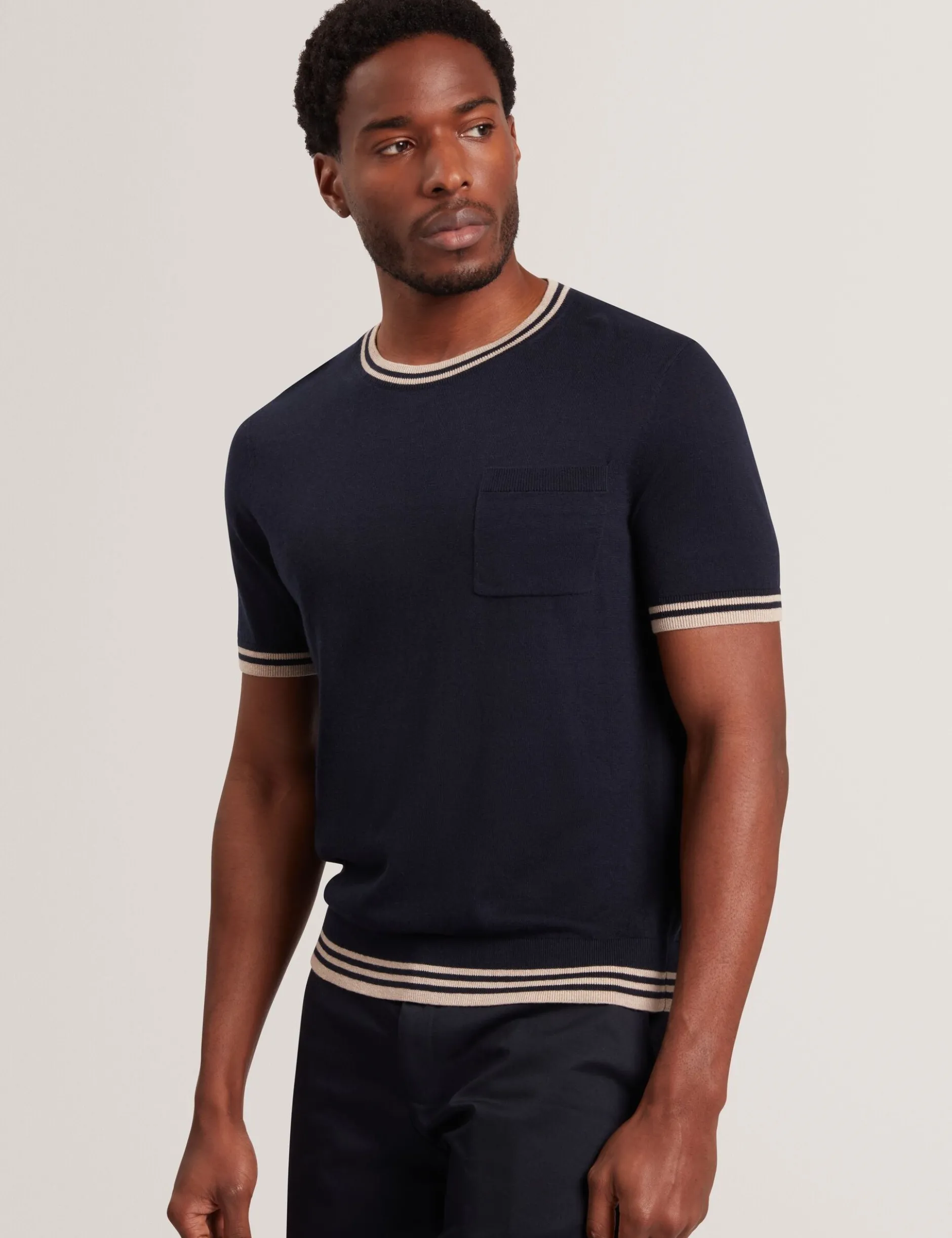 Striped Trim Linen Blend Knit T-Shirt