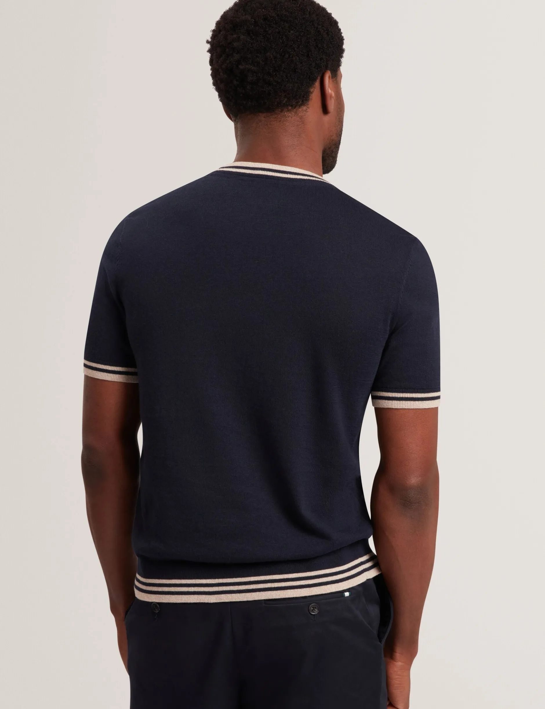 Striped Trim Linen Blend Knit T-Shirt