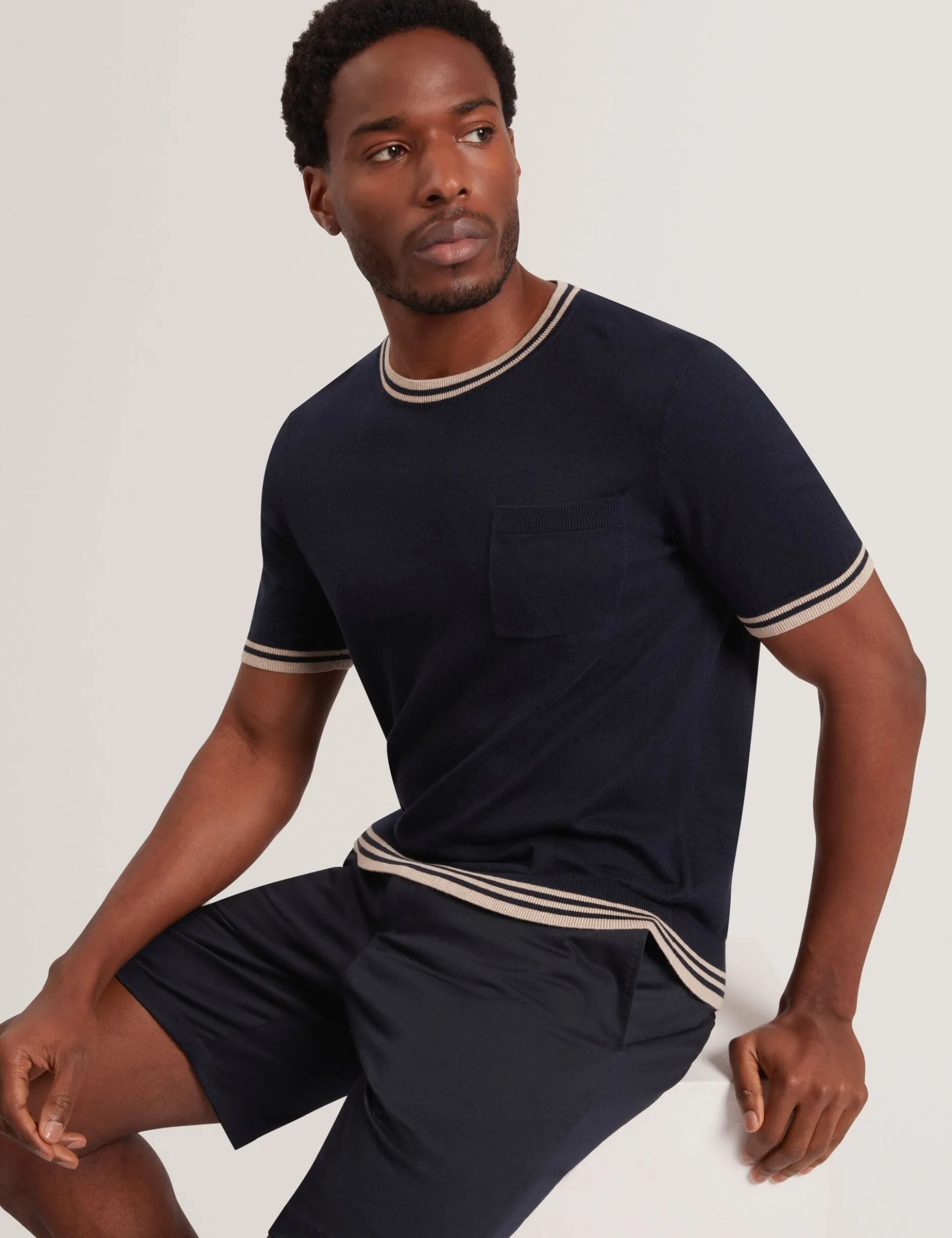 Striped Trim Linen Blend Knit T-Shirt