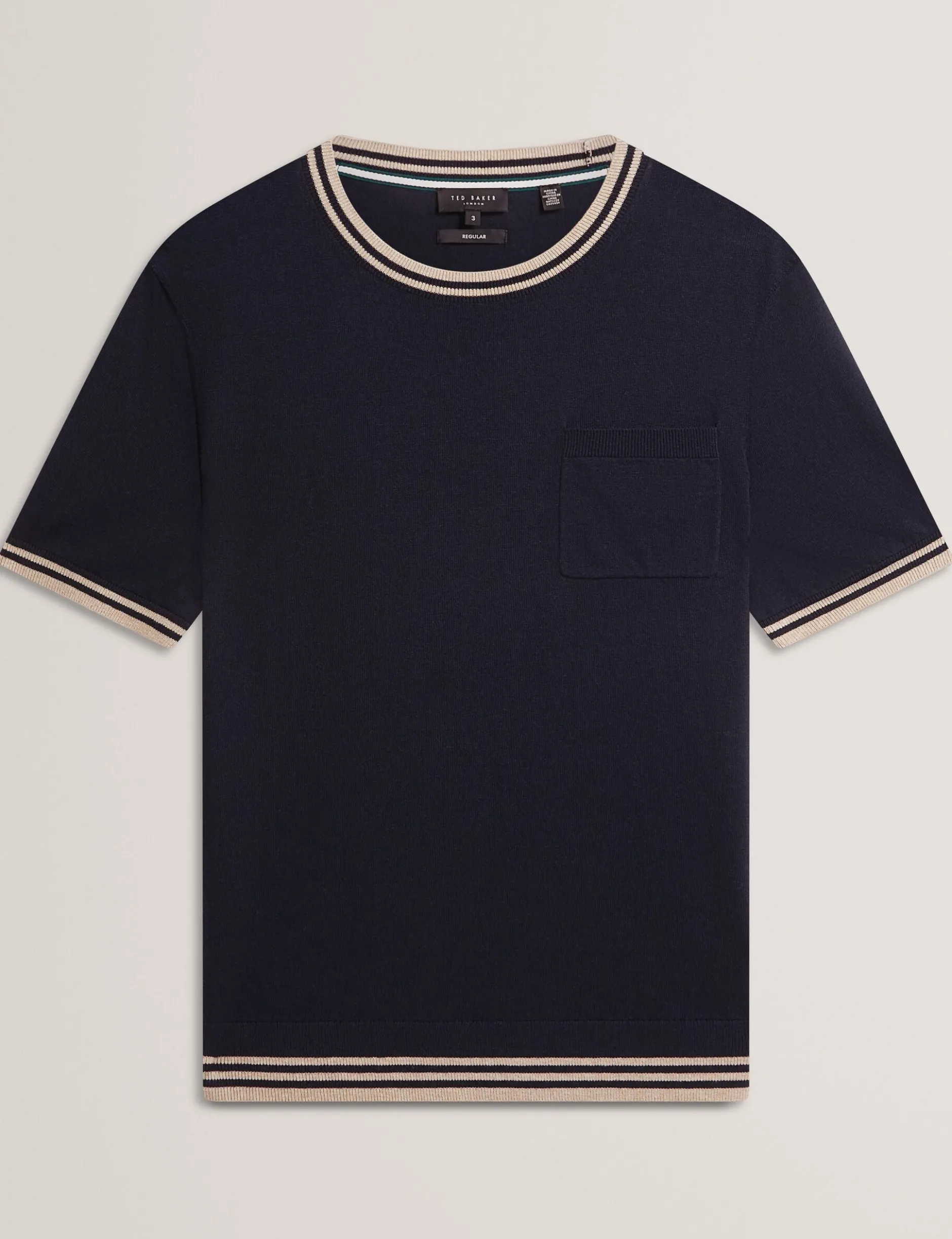 Striped Trim Linen Blend Knit T-Shirt