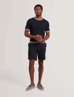 Striped Trim Linen Blend Knit T-Shirt