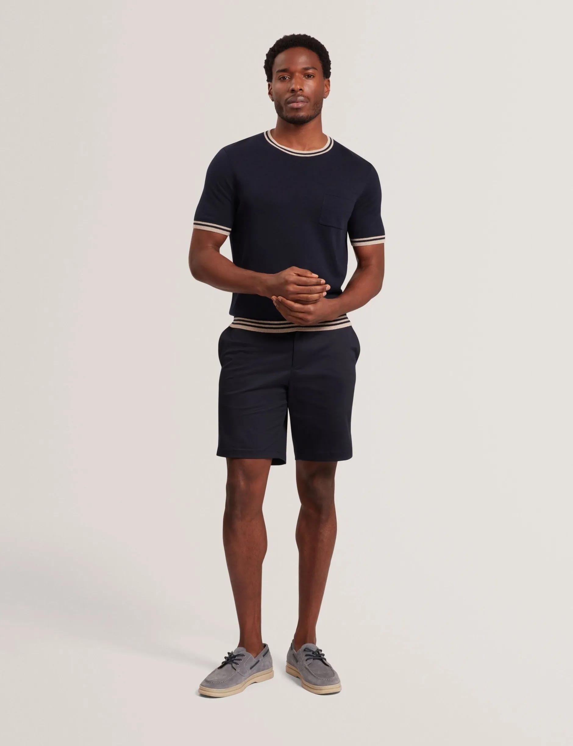Striped Trim Linen Blend Knit T-Shirt