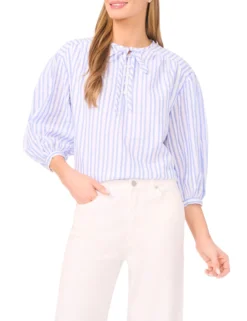 Striped Volume Sleeve Cotton Blouse