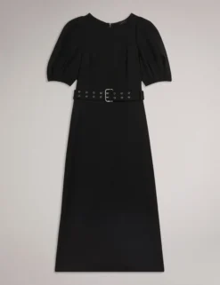Structured Puff Sleeve Midi Dress With Belt