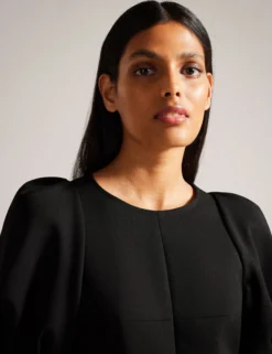 Structured Puff Sleeve Midi Dress With Belt