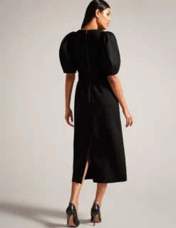 Structured Puff Sleeve Midi Dress With Belt