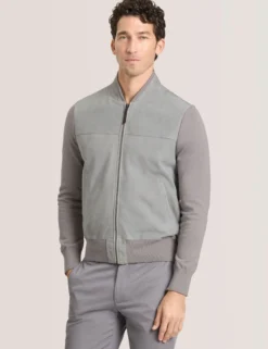 Suede Panel Zip-Up Bomber Jacket