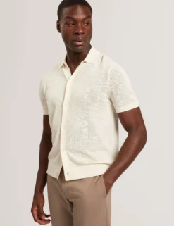 Textured Crochet Knit Button-Through Polo