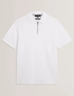 Textured Grid Zip Neck Cotton Polo