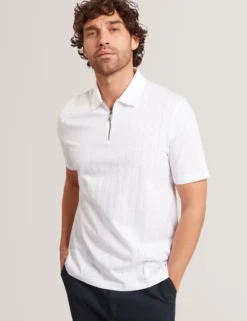 Textured Grid Zip Neck Cotton Polo