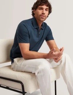 Textured Grid Zip Neck Cotton Polo