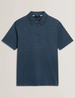 Textured Grid Zip Neck Cotton Polo