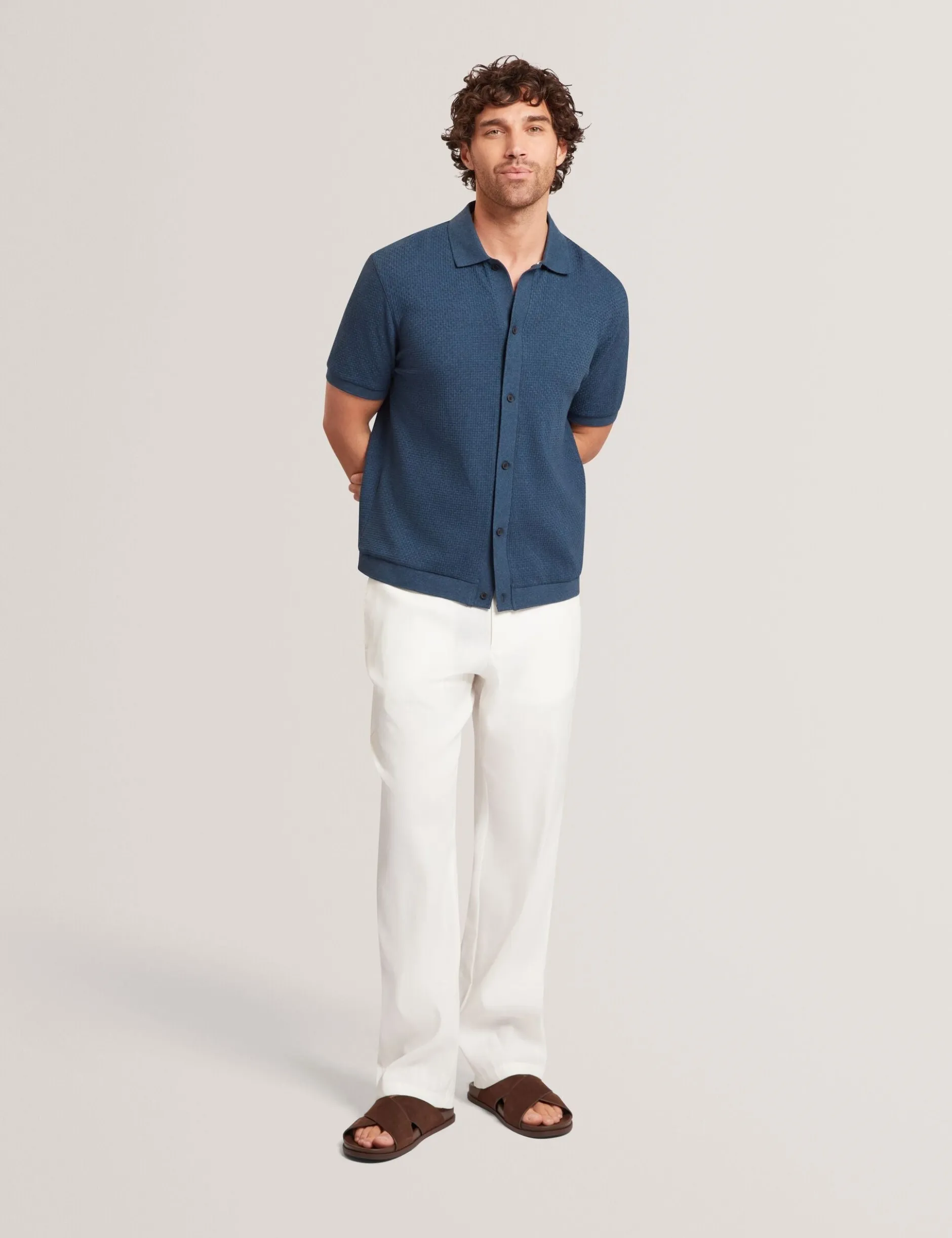 Textured Knit Button-Through Polo Shirt
