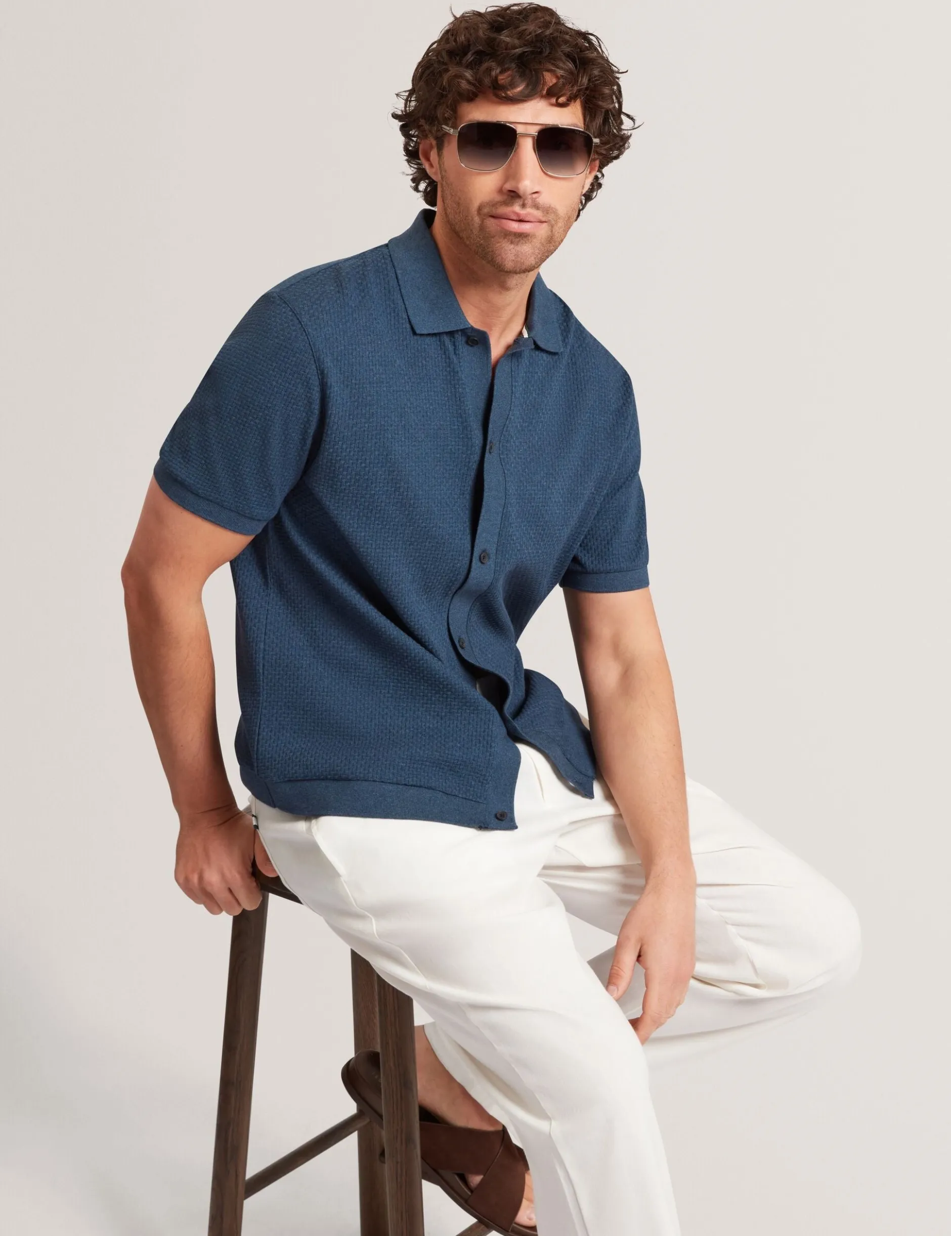 Textured Knit Button-Through Polo Shirt