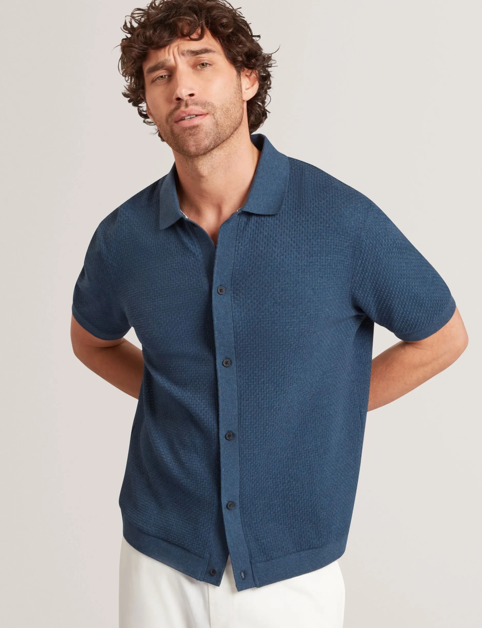 Textured Knit Button-Through Polo Shirt