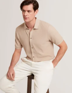 Textured Knit Button-Through Polo Shirt