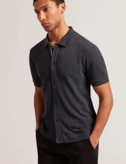 Textured Knit Button-Through Polo Shirt