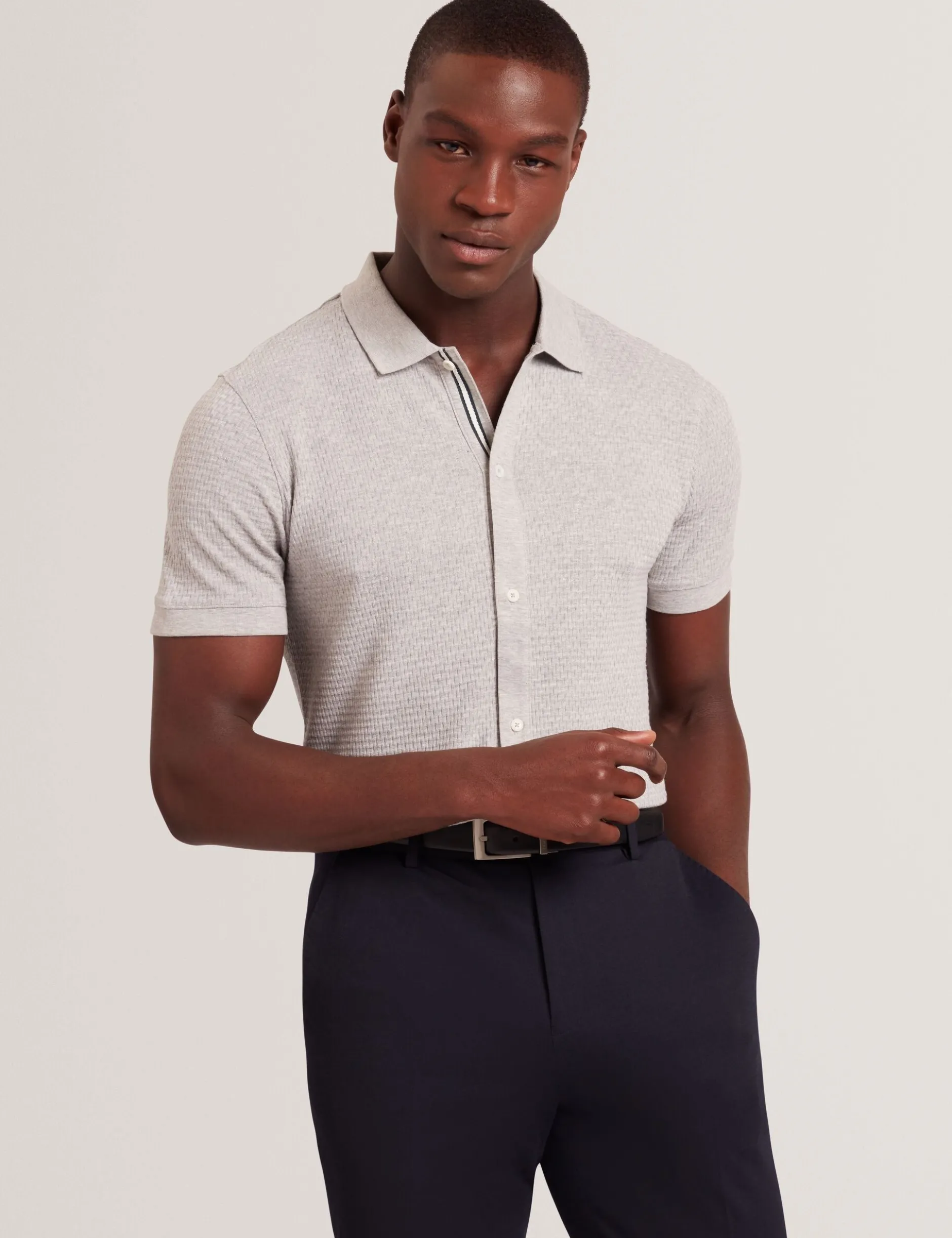 Textured Knit Button-Through Polo Shirt
