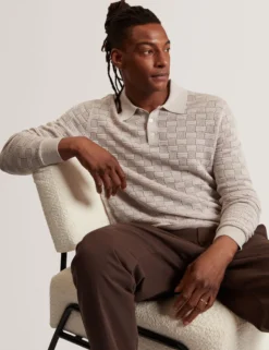 Textured Silk Blend Long Sleeve Polo