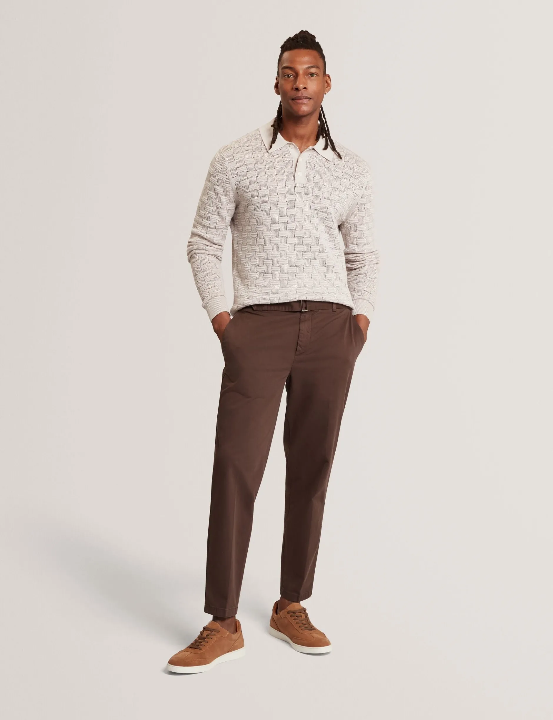 Textured Silk Blend Long Sleeve Polo