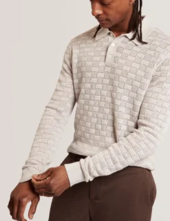 Textured Silk Blend Long Sleeve Polo