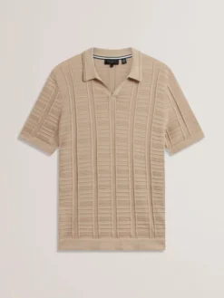 Textured Stripe Open Neck Knitted Polo Shirt