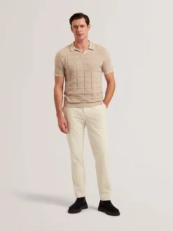 Textured Stripe Open Neck Knitted Polo Shirt