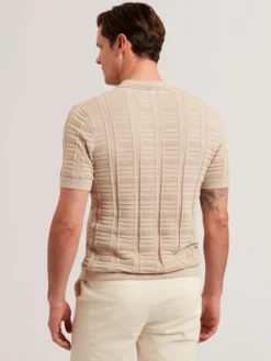 Textured Stripe Open Neck Knitted Polo Shirt