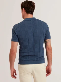 Textured Stripe Open Neck Knitted Polo Shirt