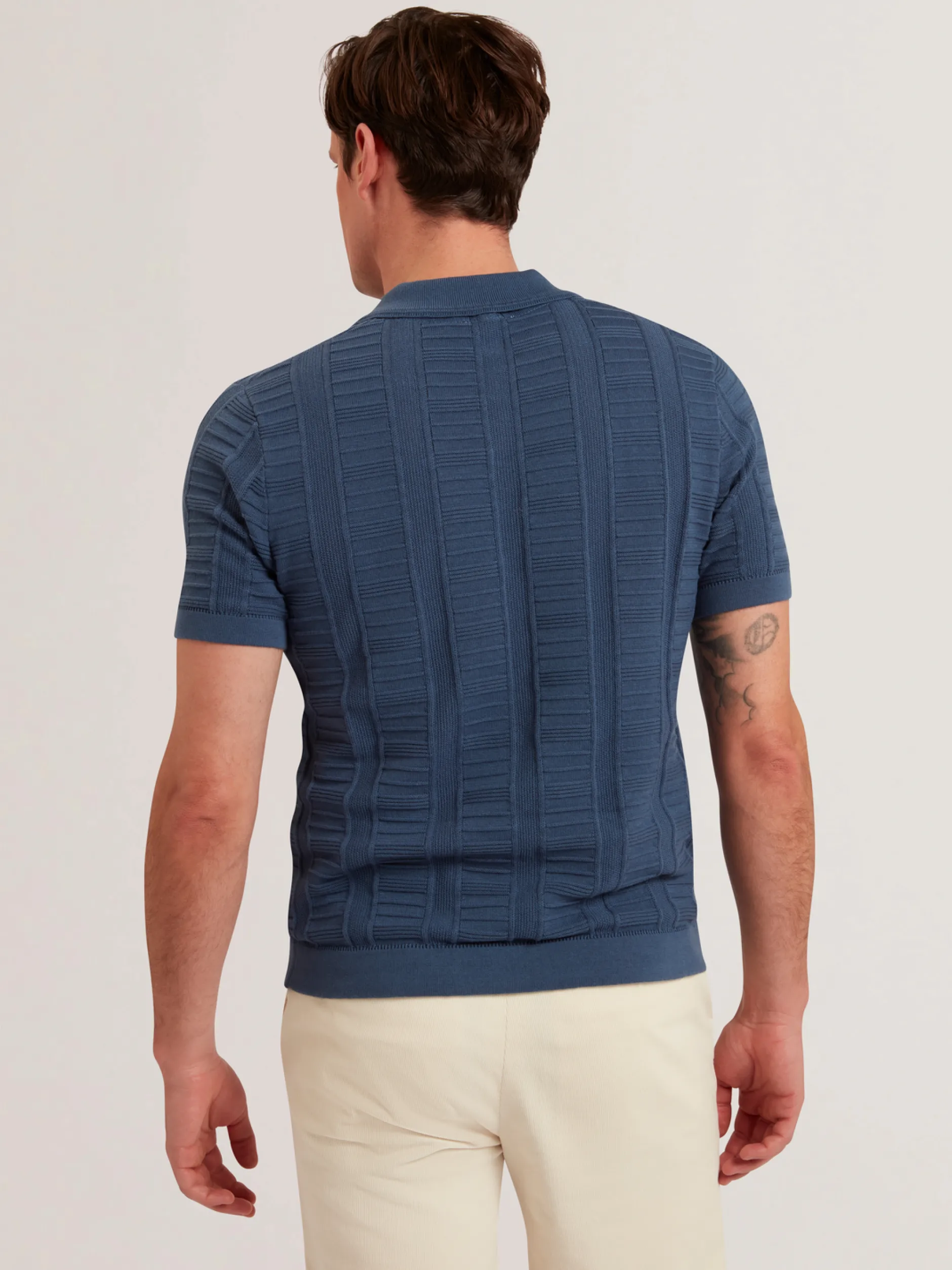 Textured Stripe Open Neck Knitted Polo Shirt