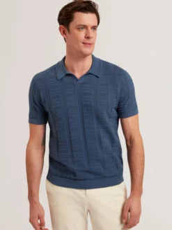 Textured Stripe Open Neck Knitted Polo Shirt