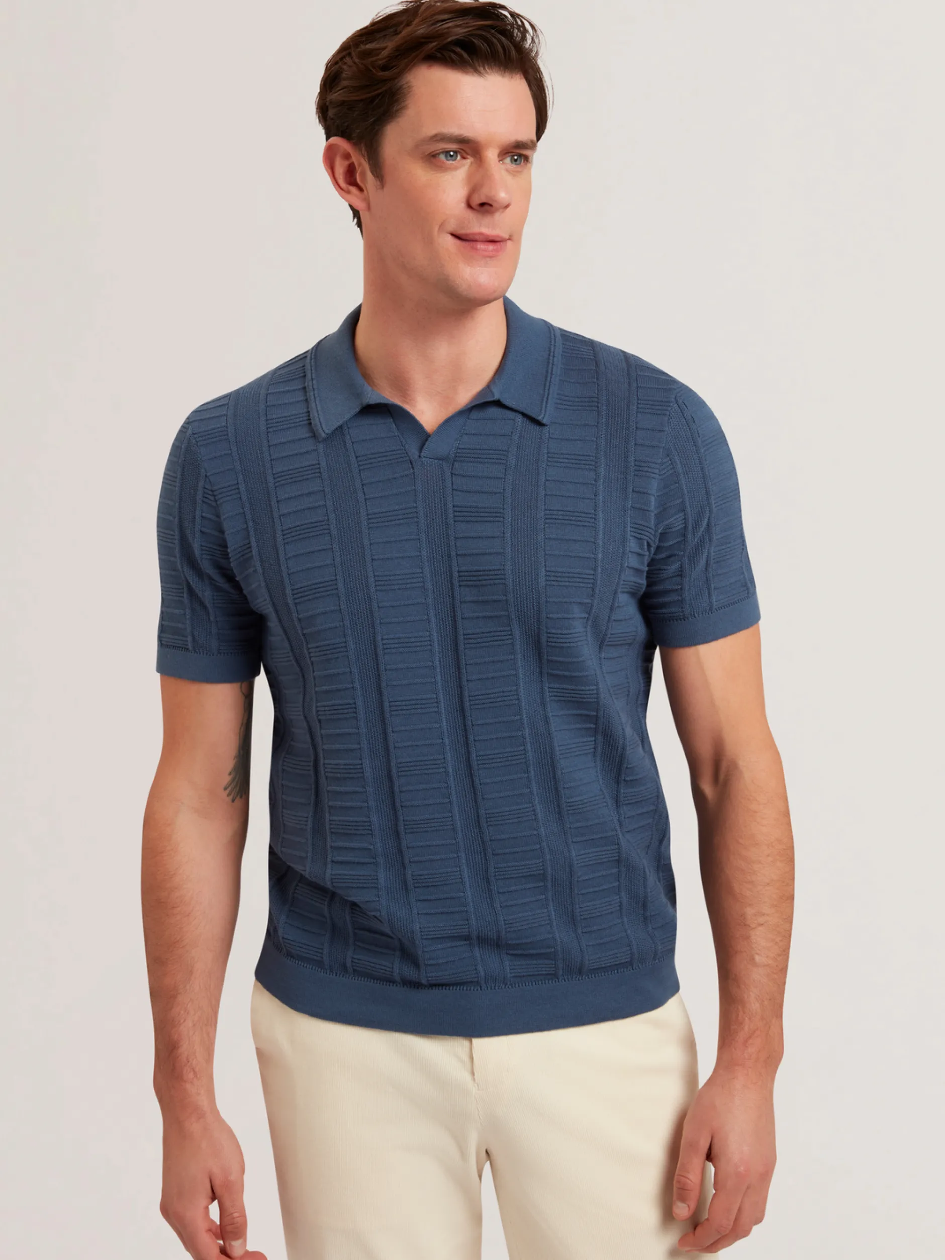 Textured Stripe Open Neck Knitted Polo Shirt
