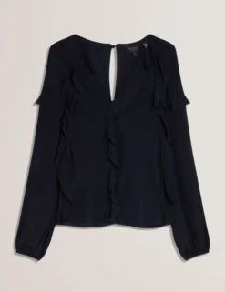 Waterfall Ruffle Trim Long Sleeve Blouse